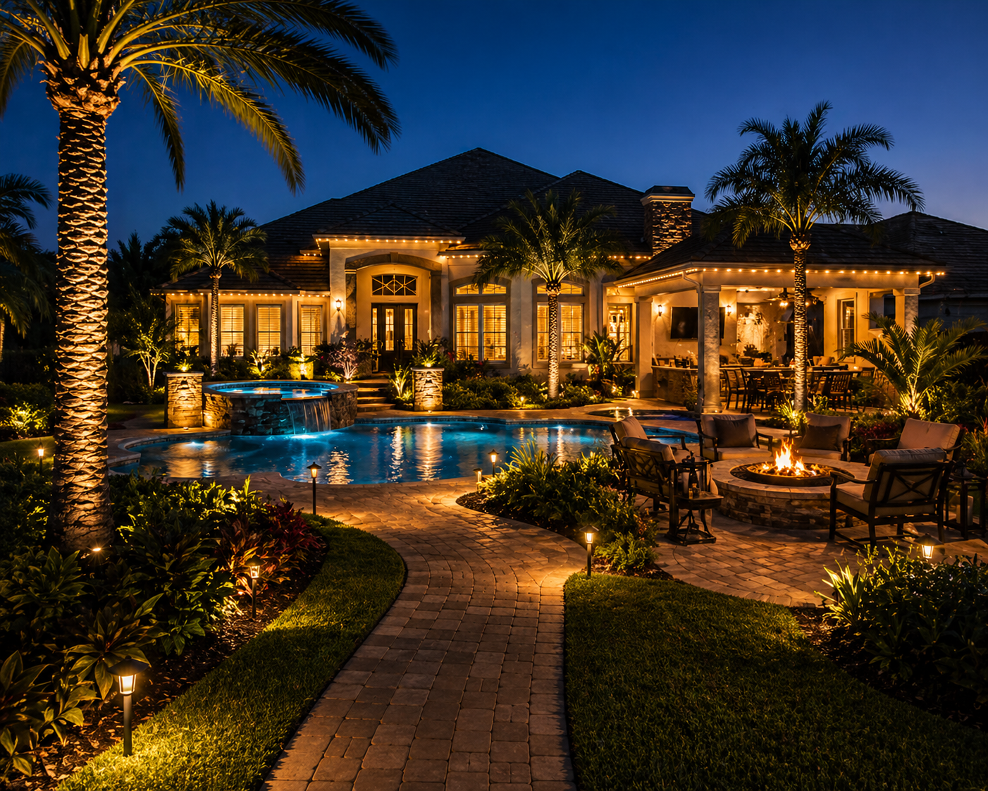 Luxury backyard with custom outdoor lighting including pathway lights, landscape uplighting, pool lighting, and patio lighting designed to improve curb appeal, safety, and nighttime usability in The Villages Florida