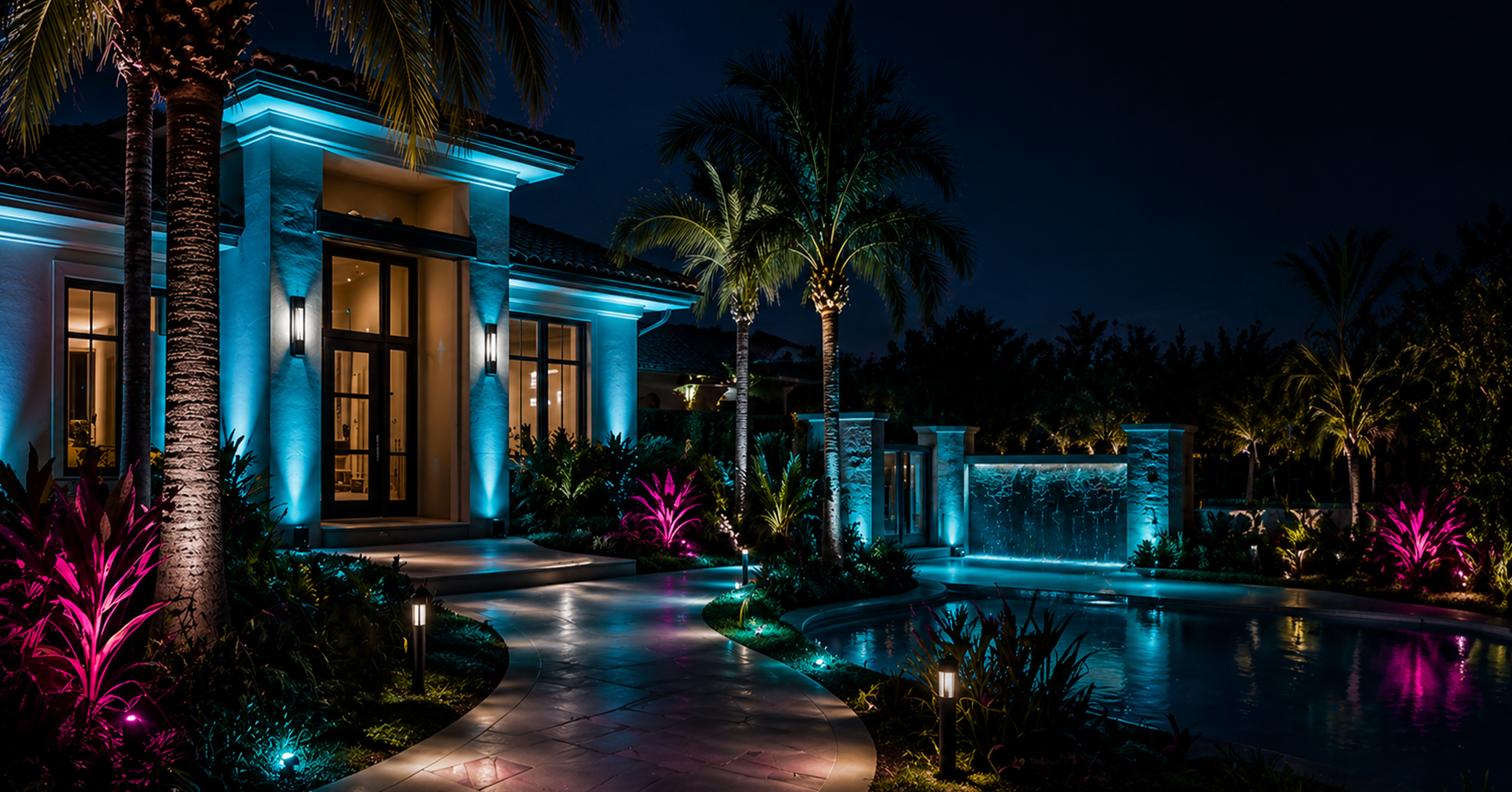 Custom outdoor lighting with color-changing landscape lighting, pathway lights, and pool lighting in a luxury backyard in The Villages Florida
