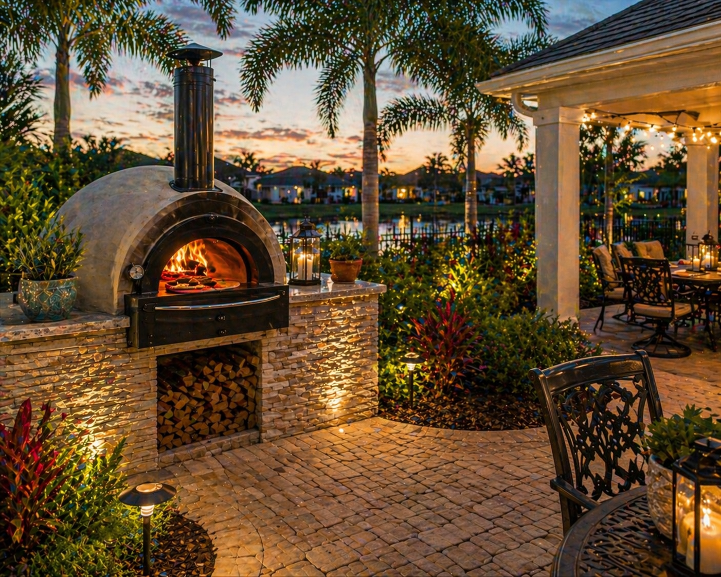 Custom outdoor lighting design with landscape lighting, pathway lights, and backyard kitchen patio in The Villages FL
