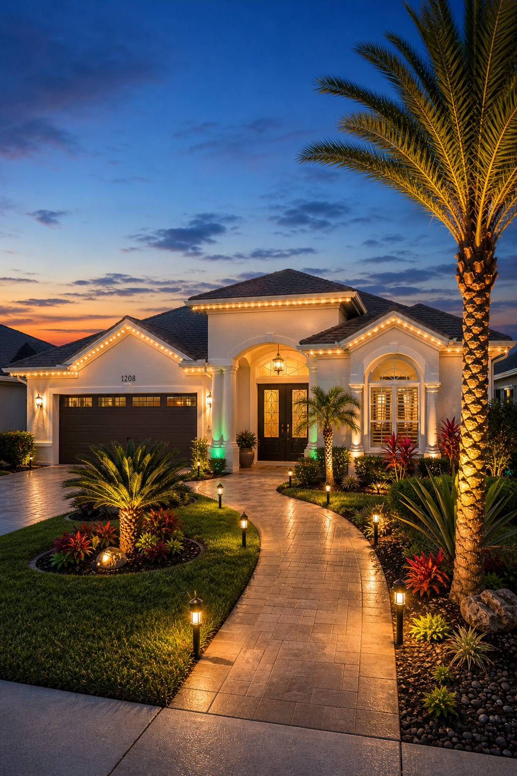 Custom outdoor lighting design in Lady Lake Florida featuring pathway lighting, landscape lighting, roofline lighting, and palm tree uplighting on residential home