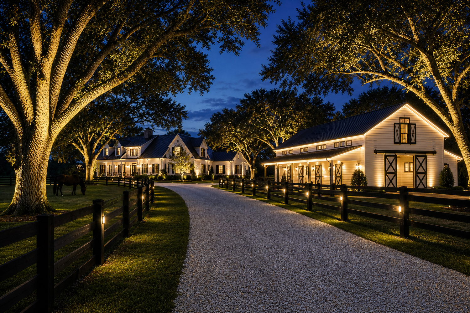 Custom outdoor lighting design for a luxury Florida property featuring tree uplighting, driveway lighting, fence lighting, and architectural barn and home illumination