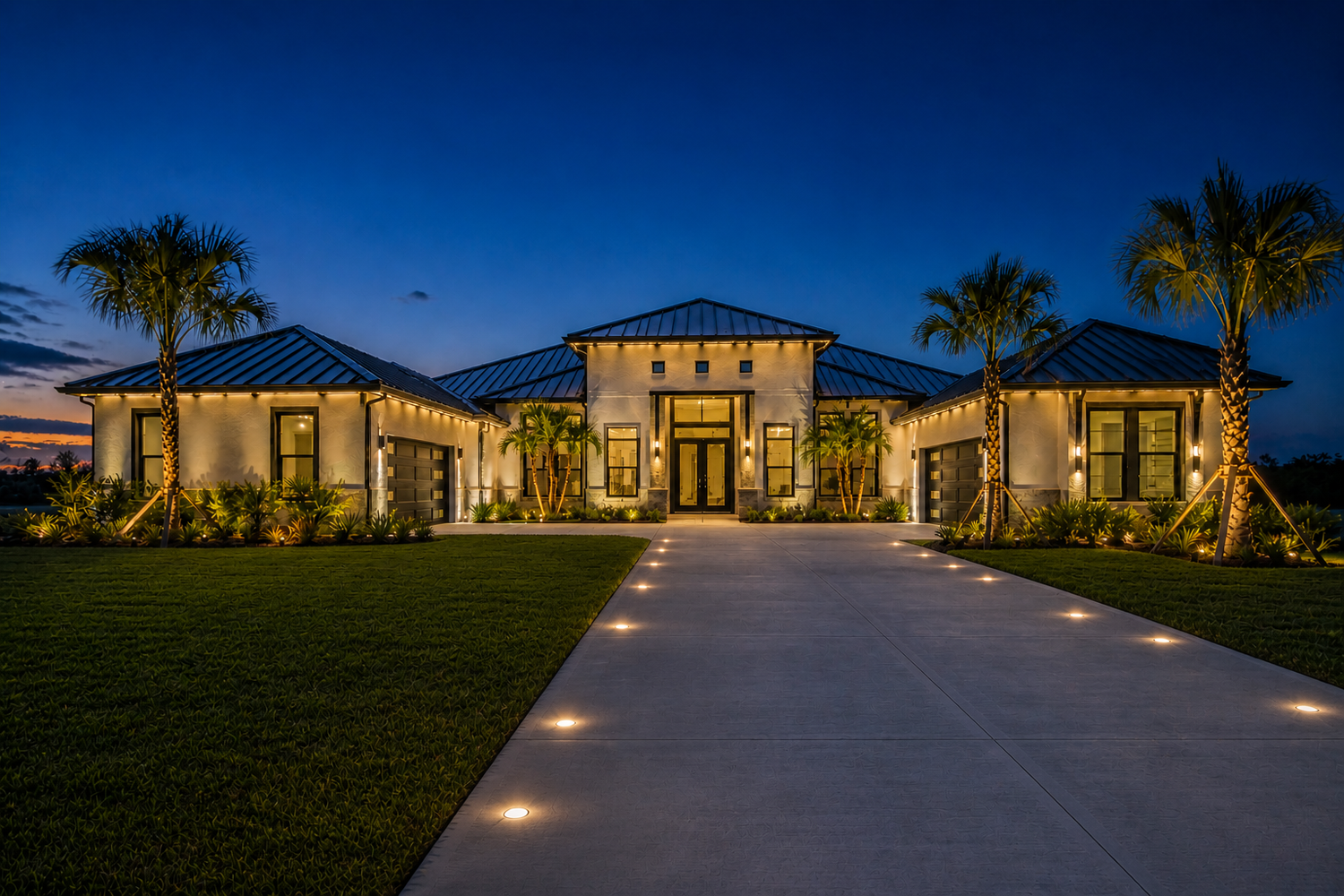 Custom outdoor lighting design in Wildwood Florida featuring modern home with pathway lighting, landscape lighting, roofline lighting, and in-ground driveway lights