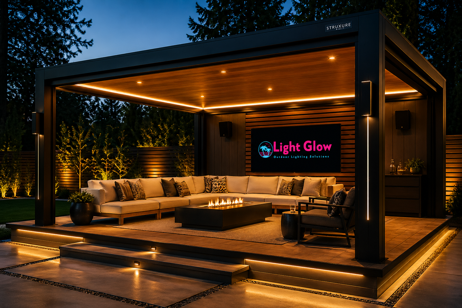 Custom outdoor lighting system illuminating a modern backyard living space with integrated LED lighting and accent lighting in The Villages, FL