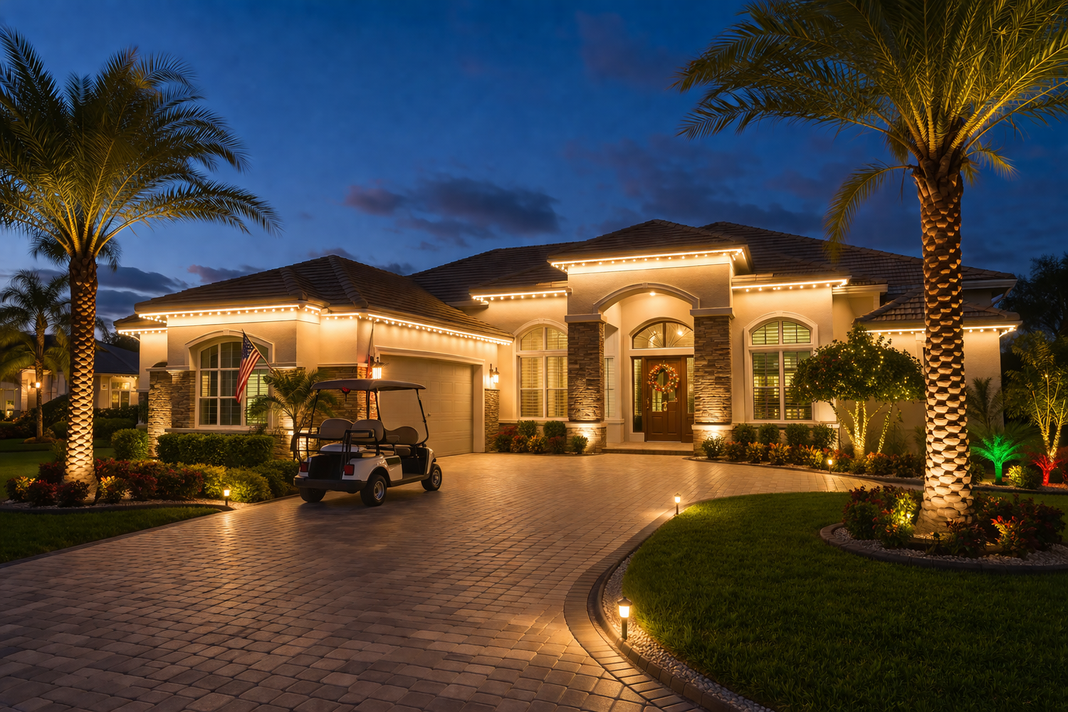 Custom outdoor lighting design in The Villages Florida featuring roofline lighting, landscape lighting, pathway lights, and palm tree uplighting on luxury home