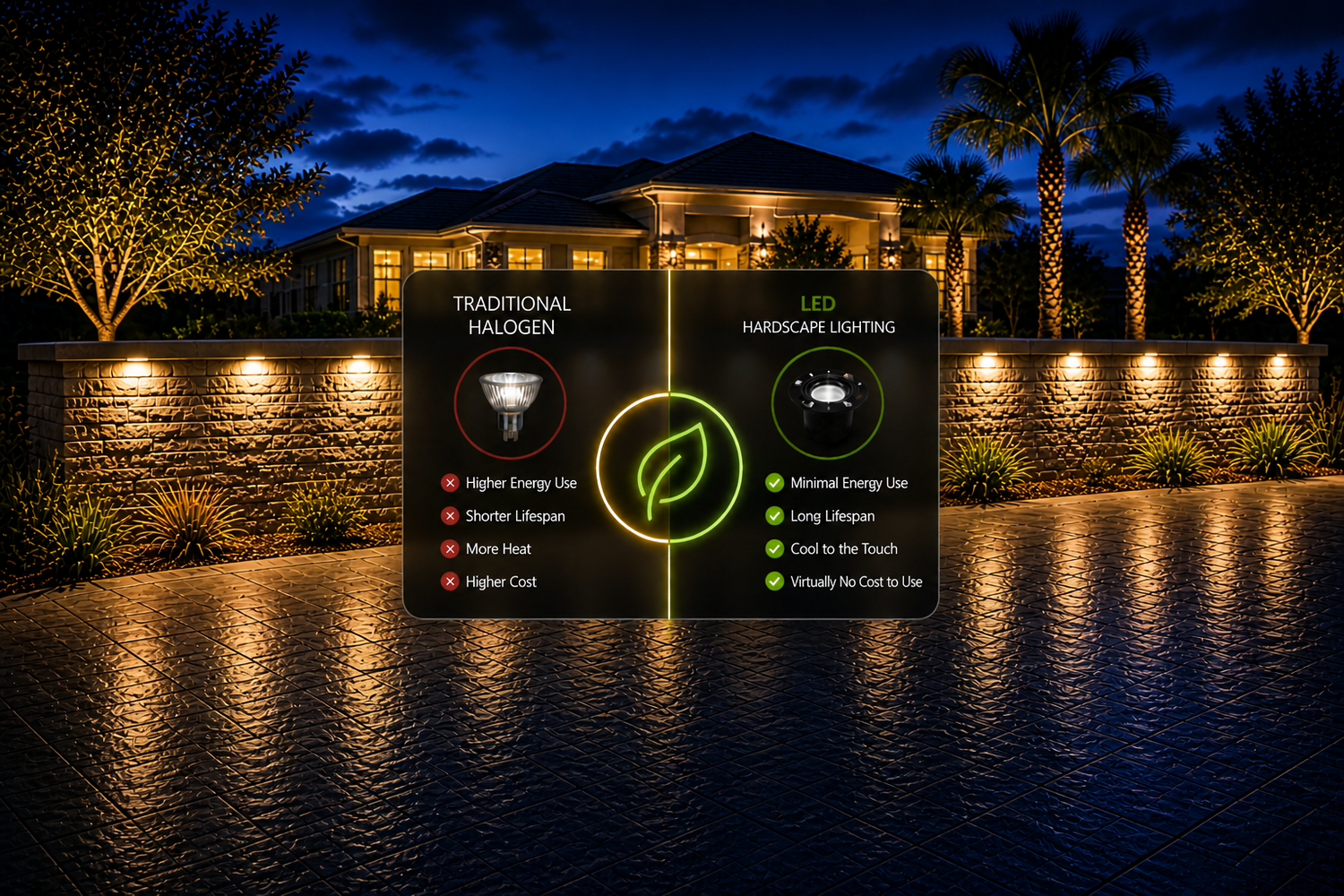 LED hardscape lighting installed in stone retaining wall providing efficient and long-lasting outdoor lighting in The Villages Florida