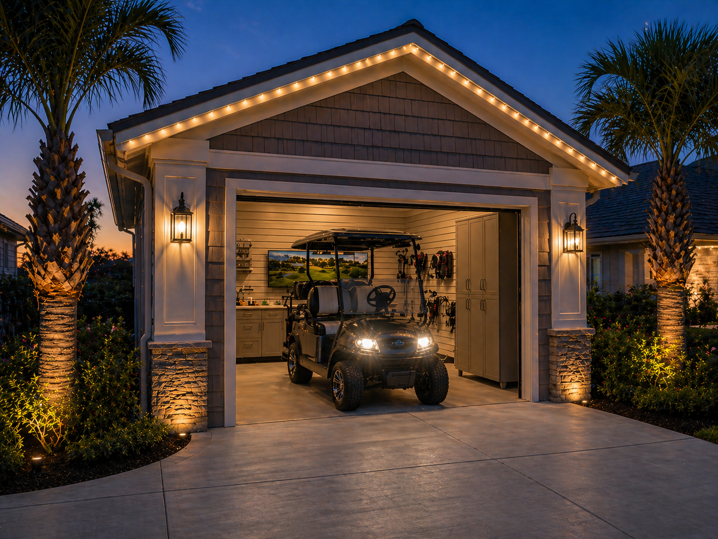 Energy-efficient LED outdoor lighting with roofline lights and landscape lighting on a residential garage in The Villages FL