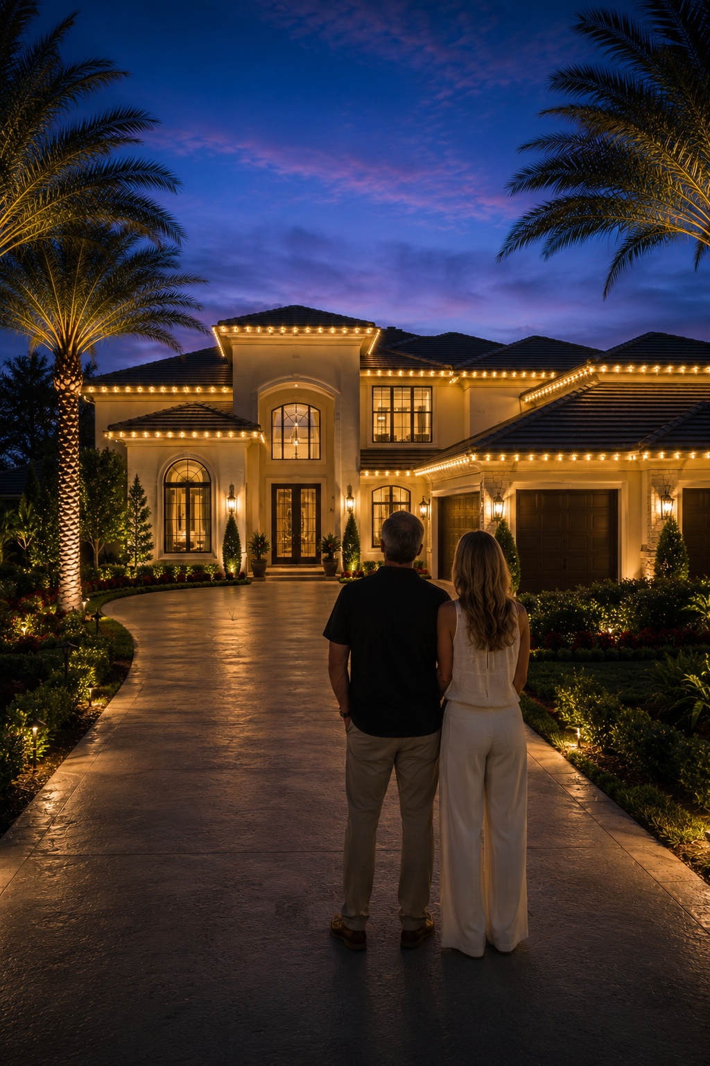 Homeowners enjoying a luxury home with professionally installed warm white Christmas roofline lighting and landscape lighting in The Villages, Florida.