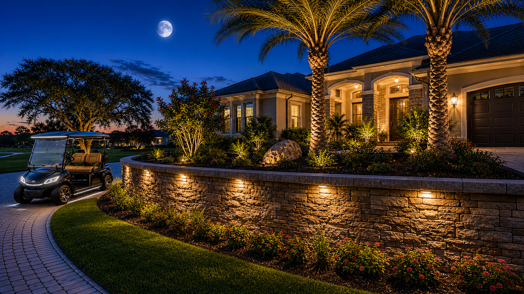 Hardscape lighting installation in The Villages FL featuring retaining wall lighting, pathway lighting, and landscape lighting on a residential property