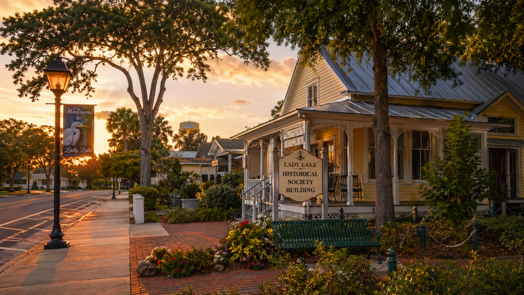 Lady Lake Florida downtown street with historical society building at sunset representing local outdoor lighting service area