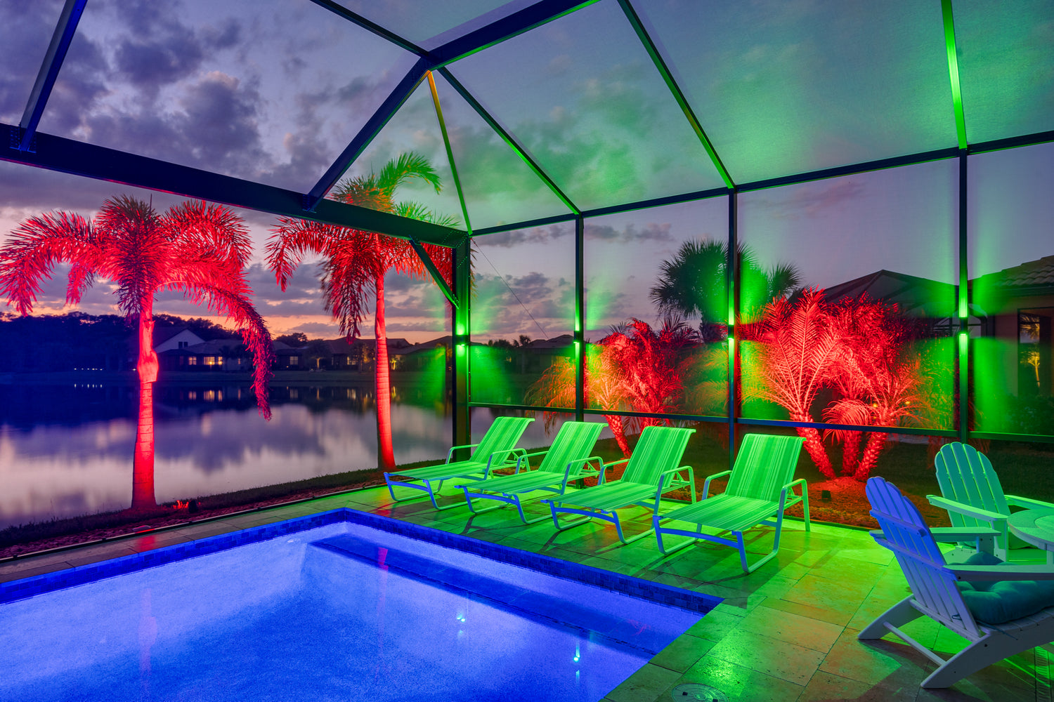 Outdoor lanai and pool cage lighting creating a vibrant backyard atmosphere in the villages florida