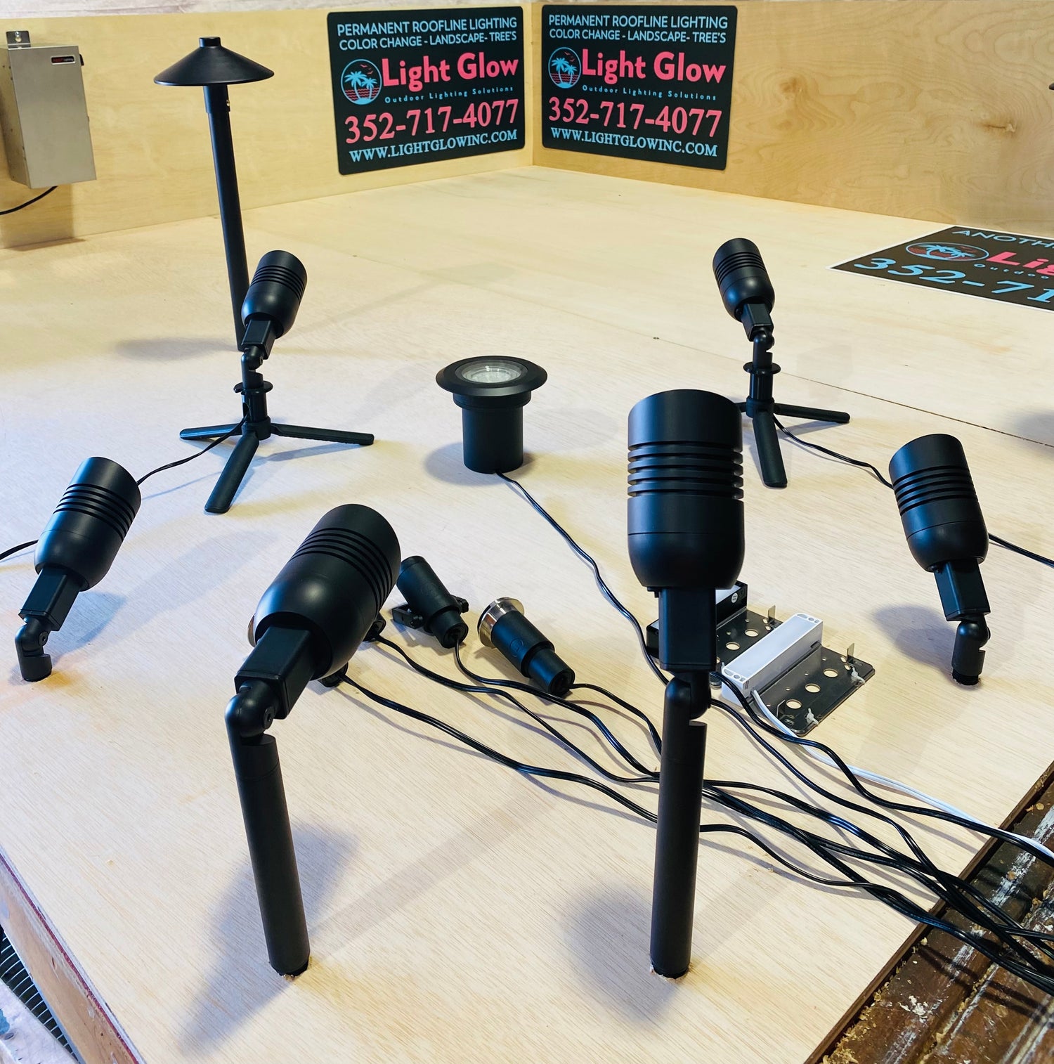 Landscape lighting fixtures and outdoor lighting components displayed by Light Glow