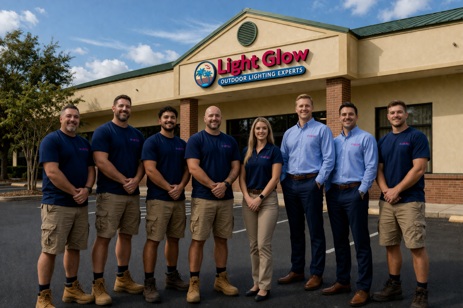 Light Glow Outdoor Lighting Experts team photo in front of company building in The Villages, Florida