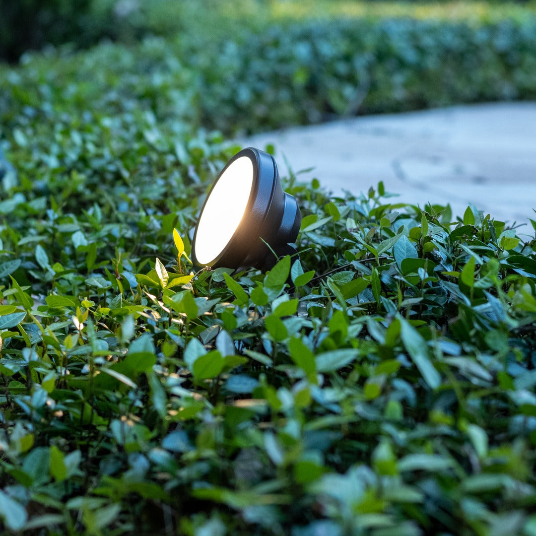 low voltage LED landscape lighting fixture installed in garden bed