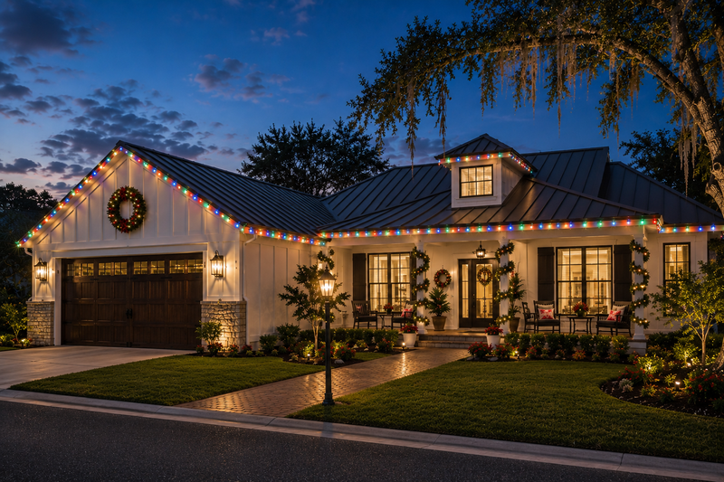 Luxury home with professionally installed multicolor Christmas roofline lighting, illuminated wreaths, garland, and landscape lighting in The Villages, Florida.