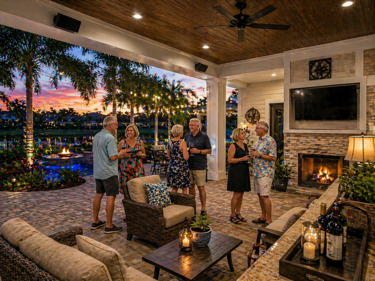 Outdoor audio system with patio speakers and backyard entertaining area near a pool in The Villages, FL