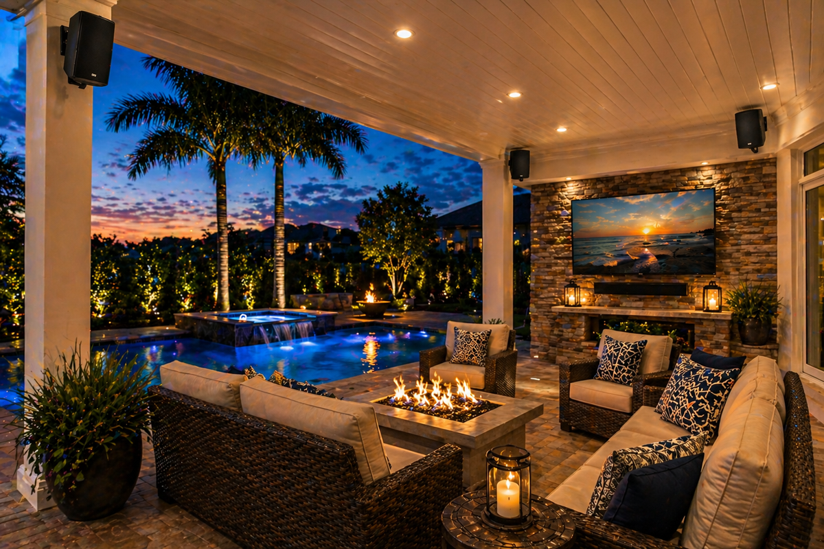 Outdoor audio installation with mounted speakers on a covered patio overlooking a pool in The Villages, FL