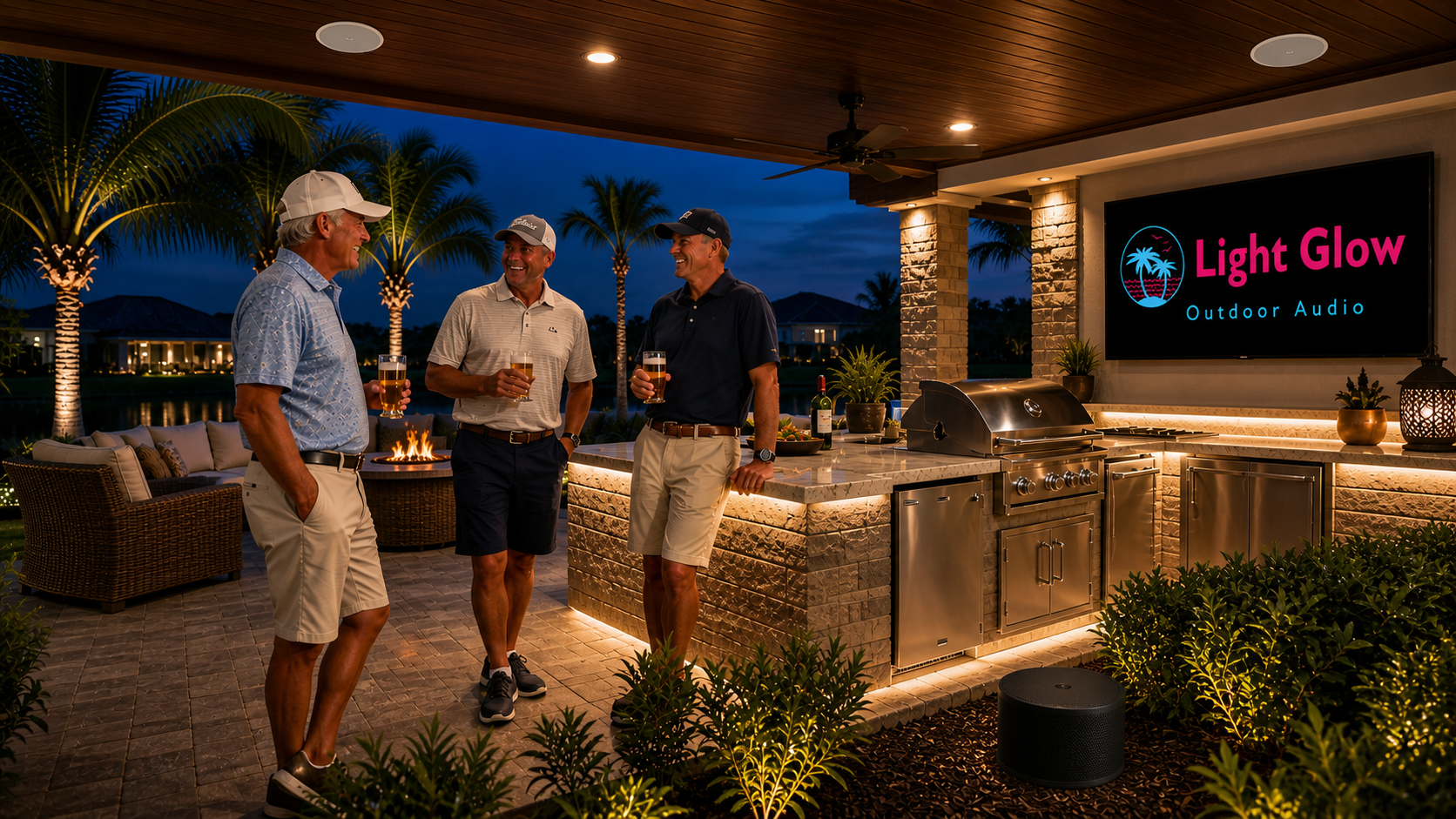 Outdoor audio system installed in backyard kitchen and patio area in The Villages FL with speakers, TV, and illuminated entertainment space