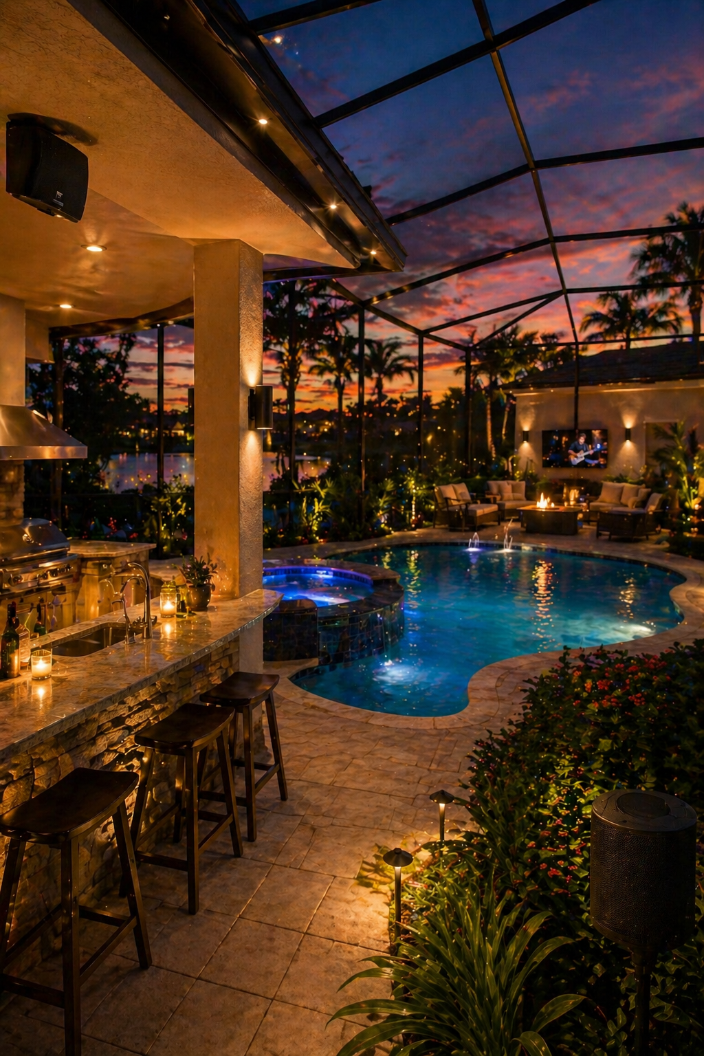 Backyard pool and patio with integrated outdoor audio speaker system and landscape lighting creating a relaxing entertainment space in The Villages, FL