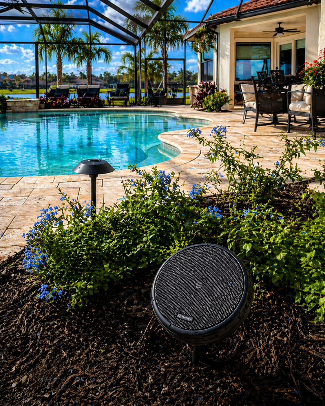 Outdoor audio and speaker system features including in-ground landscape speakers near a pool and patio in The Villages, FL