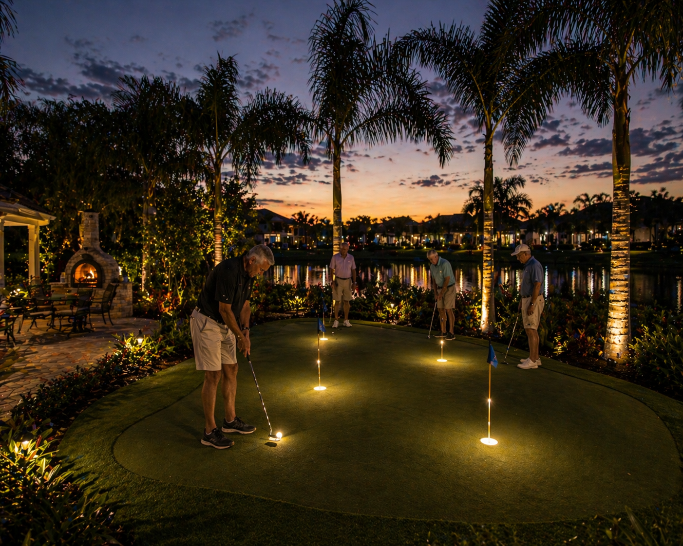 Outdoor audio system with patio seating, pool, and mounted speakers for backyard entertainment in The Villages, FL