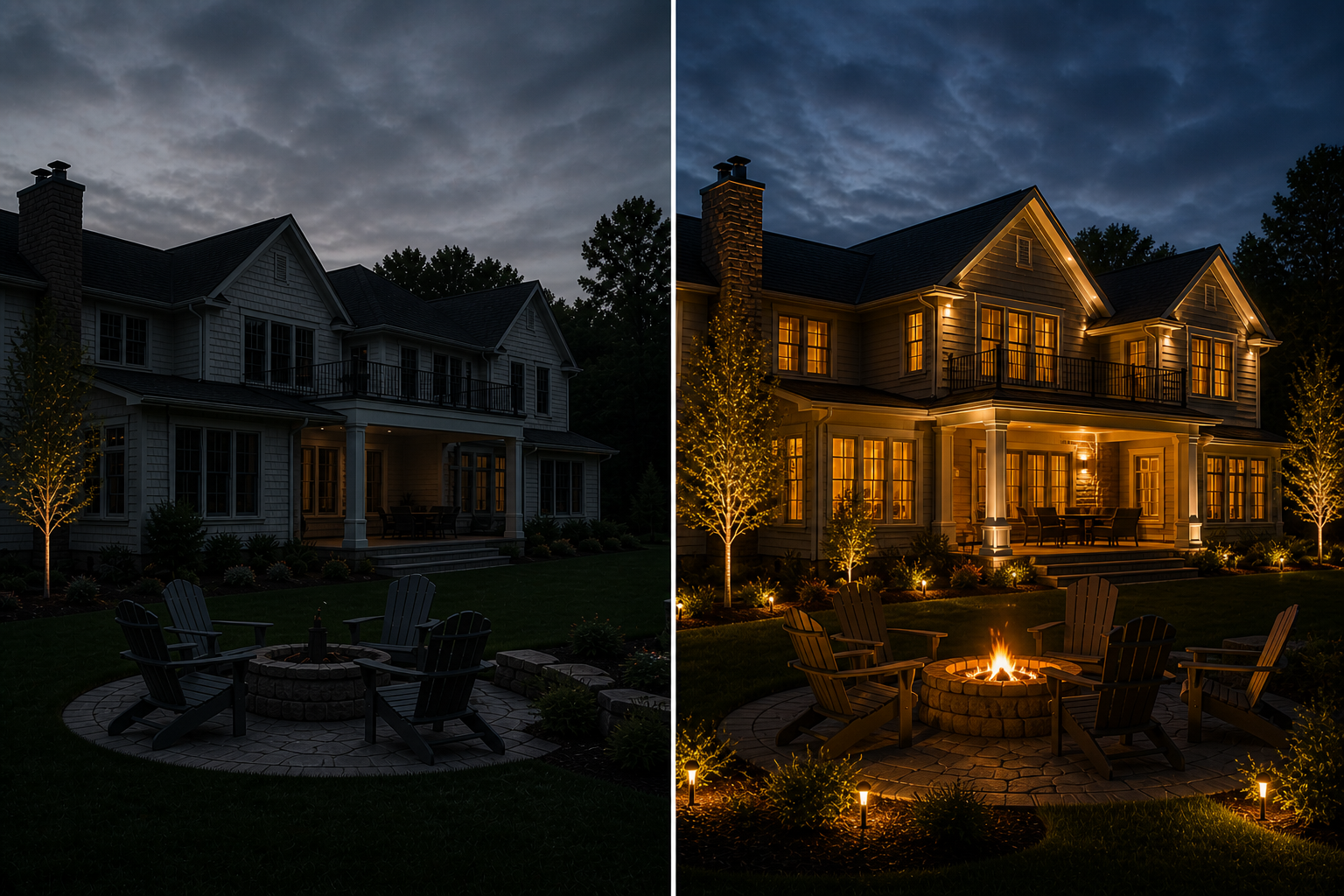 Before and after outdoor lighting transformation in The Villages FL showing landscape lighting, pathway lighting, and illuminated outdoor living space