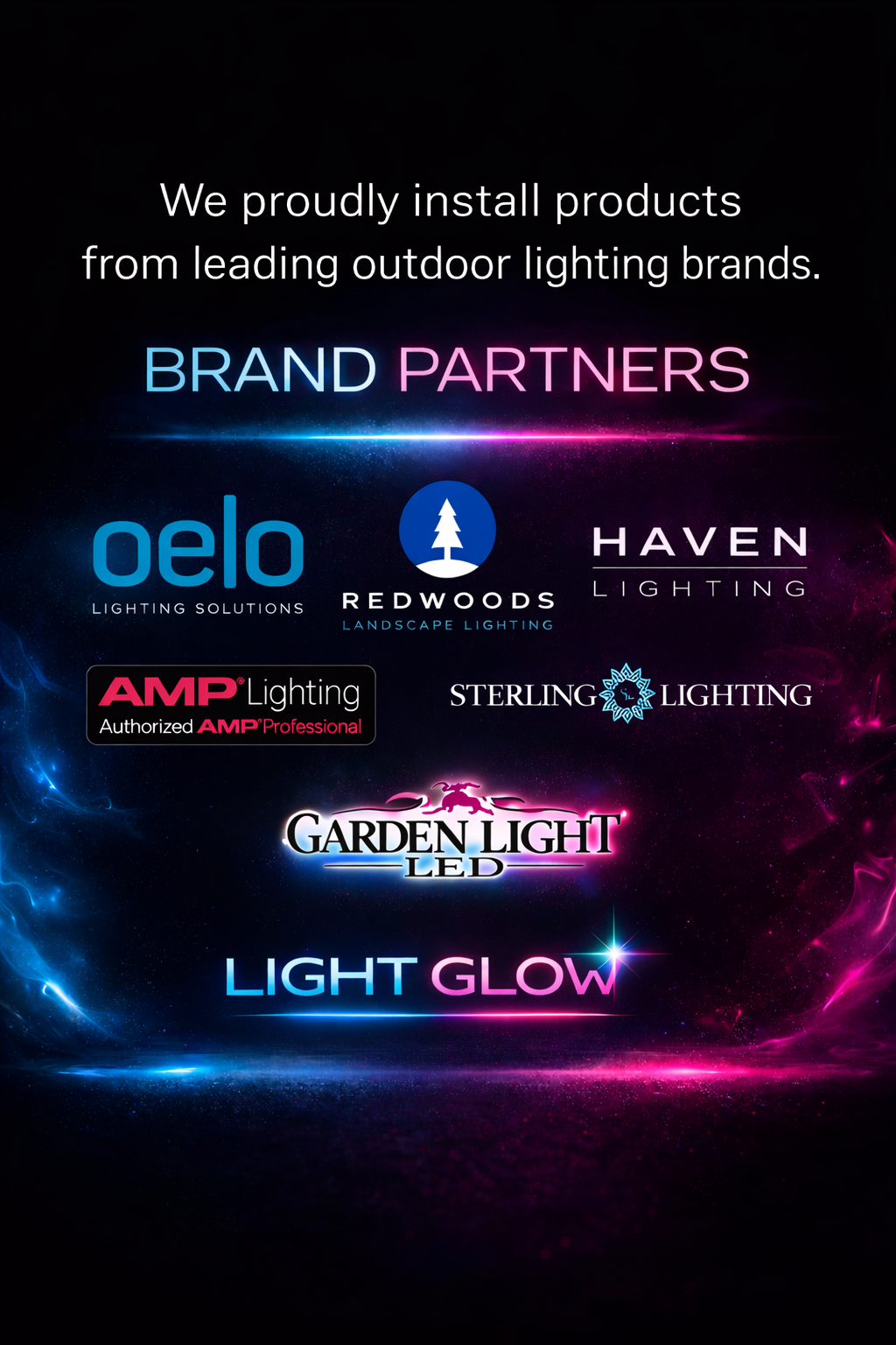 Outdoor lighting brand partners including Oelo, Redwoods, Haven, AMP, Sterling, and Garden Light LED used by Light Glow in The Villages Florida