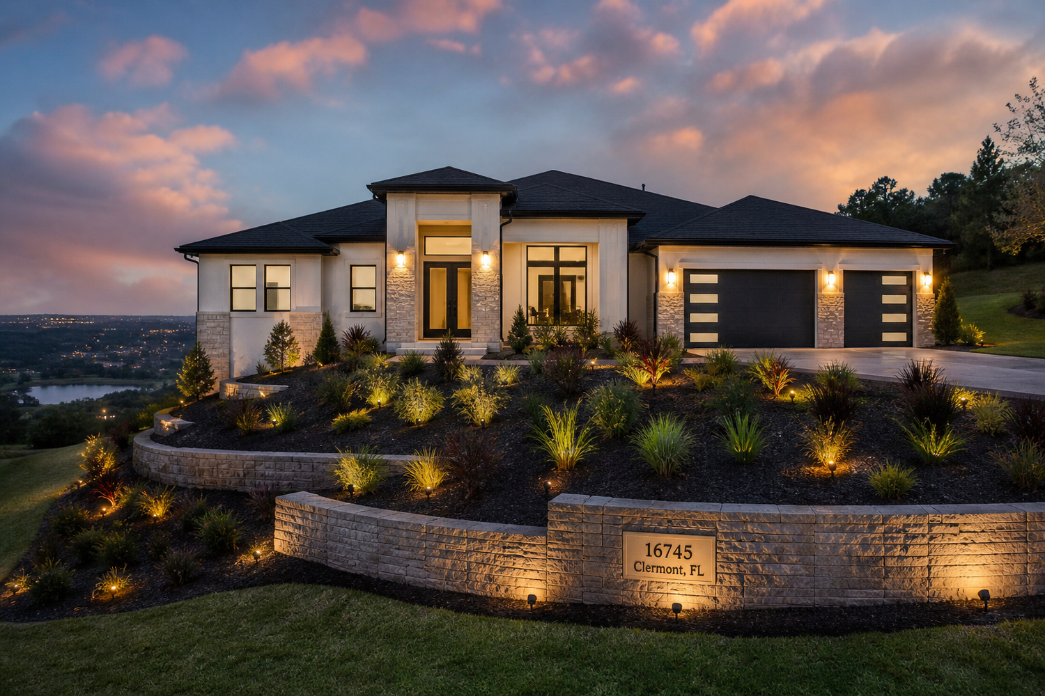 Custom outdoor lighting design in Clermont Florida featuring elevated landscape lighting, retaining wall lighting, and front yard accent lighting