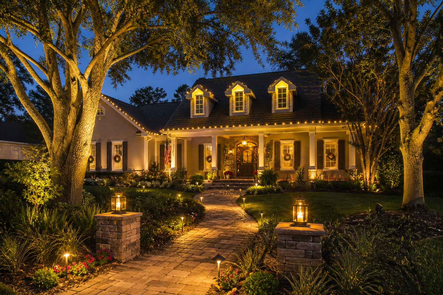 Custom outdoor lighting design in Eustis Florida featuring front yard landscape lighting, architectural lighting, and pathway lighting on residential home