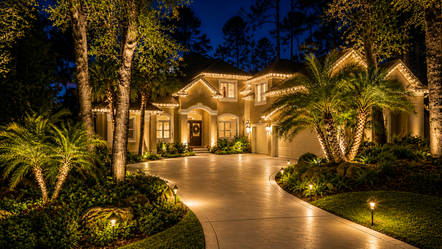 Custom outdoor lighting design in Fruitland Park Florida featuring palm tree lighting, driveway lighting, and landscape lighting around residential home