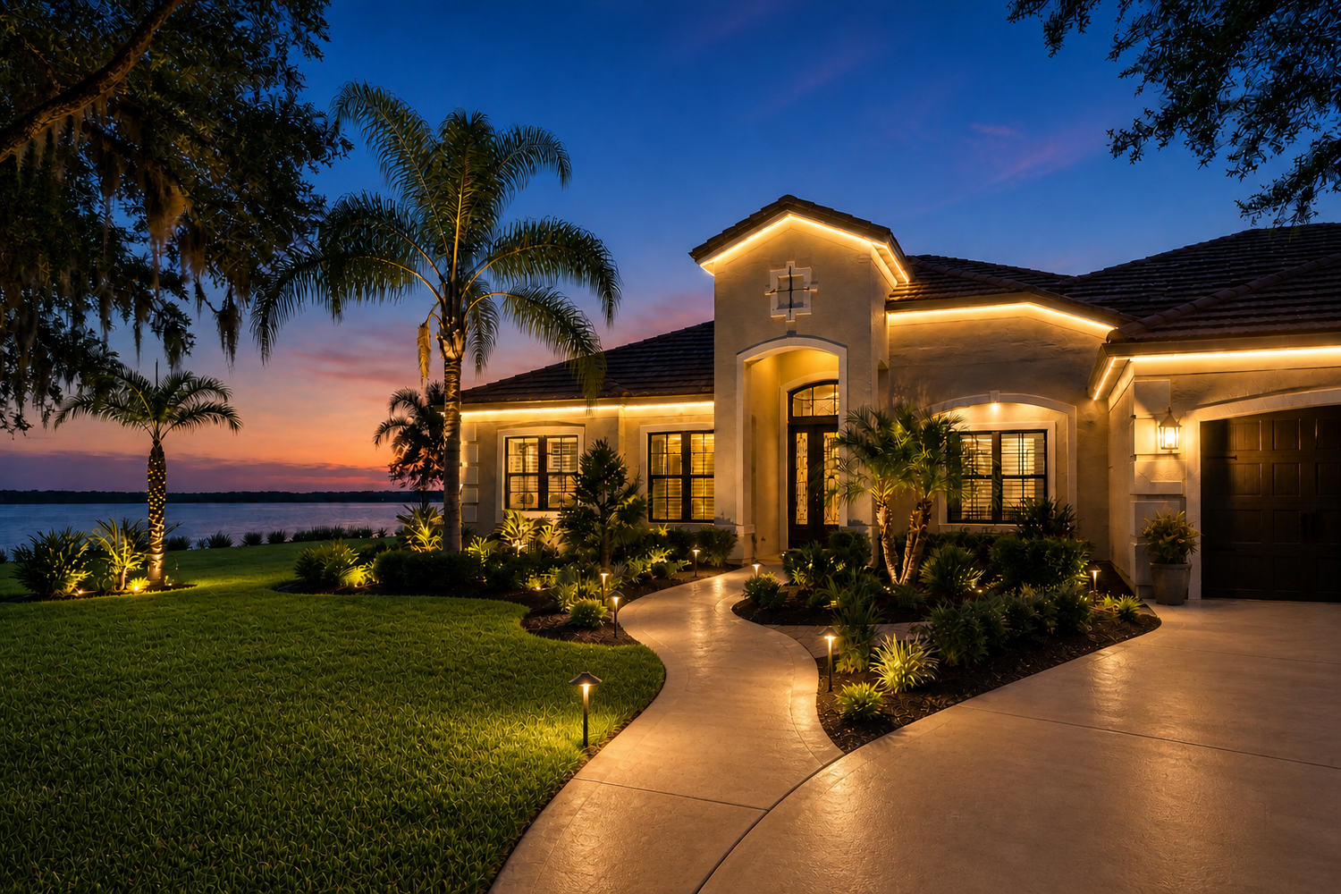 Custom outdoor lighting design in Grand Island Florida featuring lakefront home with landscape lighting, dock lighting, and reflection lighting across water