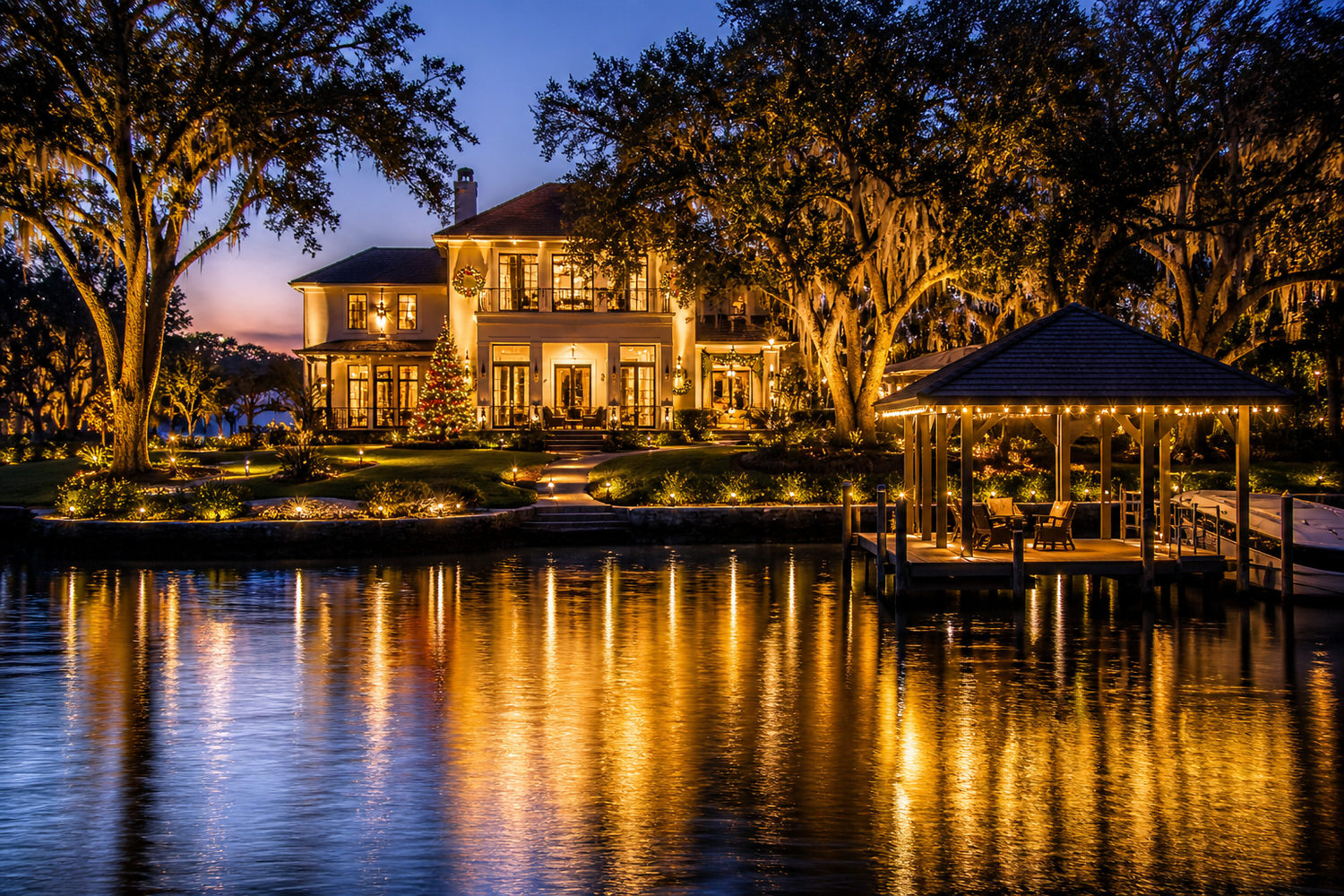 Custom outdoor lighting design in Leesburg Florida featuring Christmas roofline lighting, landscape lighting, and pathway lights on a residential home