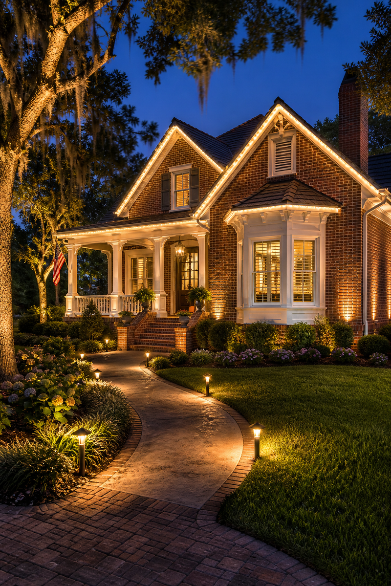 Custom outdoor lighting design in Mount Dora Florida featuring curved walkway lighting, landscape lighting, and illuminated entryway