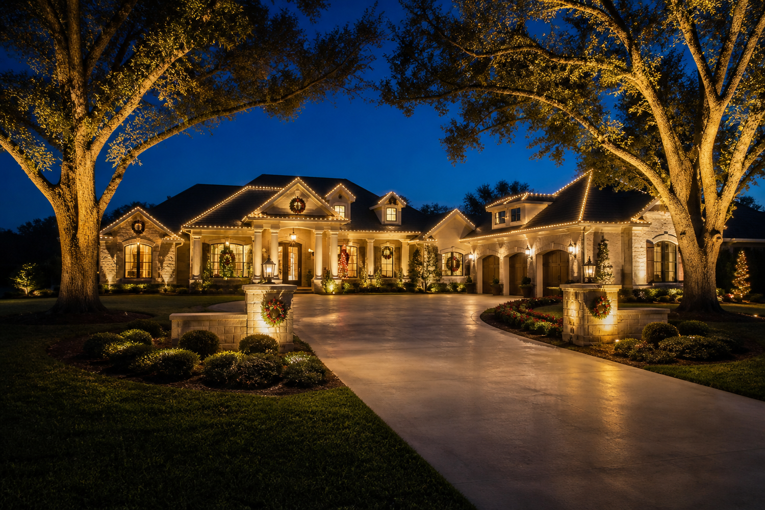 Custom outdoor lighting design in Oxford Florida featuring luxury estate with driveway lighting, roofline lighting, and architectural exterior lighting