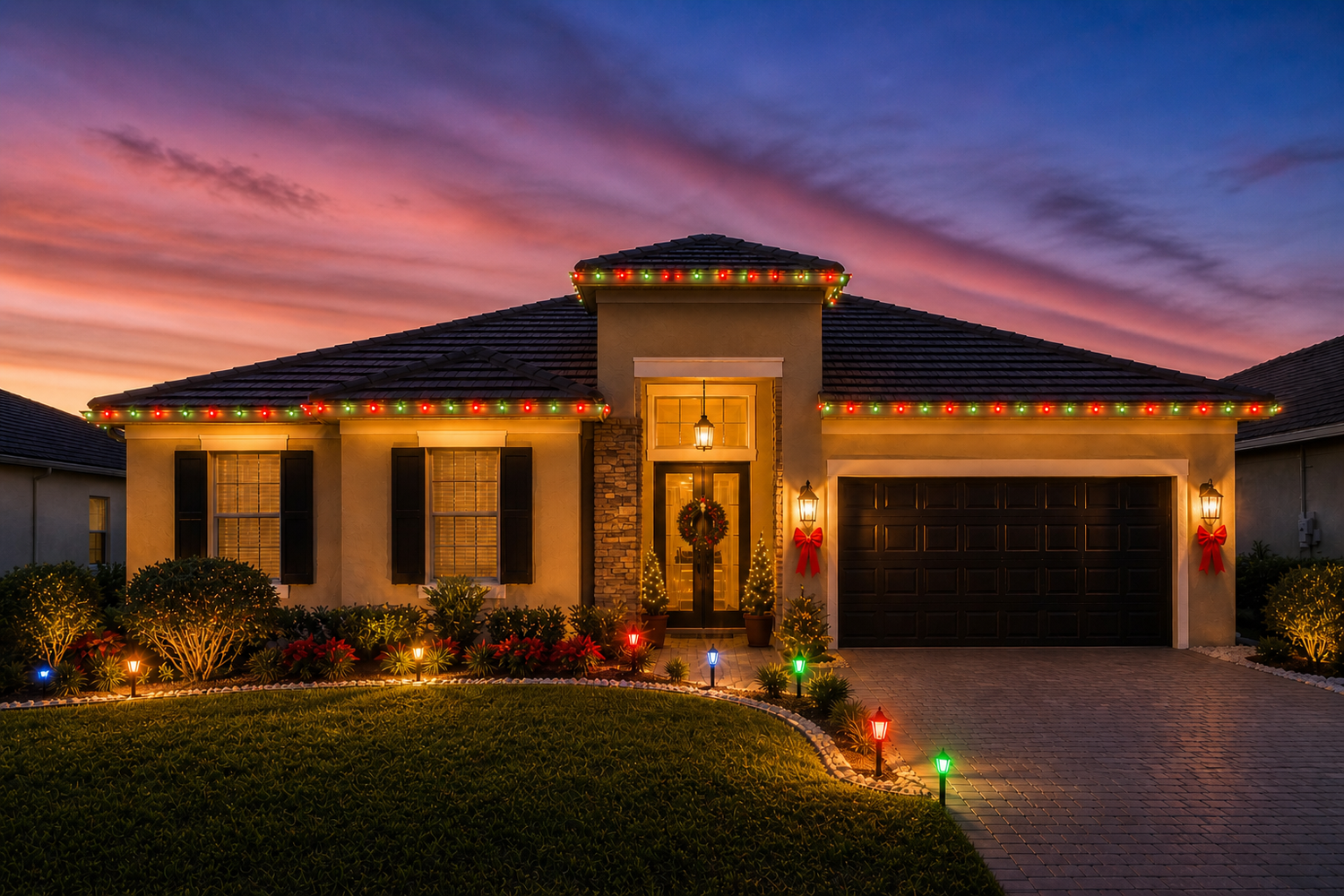 Custom outdoor lighting design in Summerfield Florida featuring long driveway lighting, pathway lights, and tree uplighting on large property