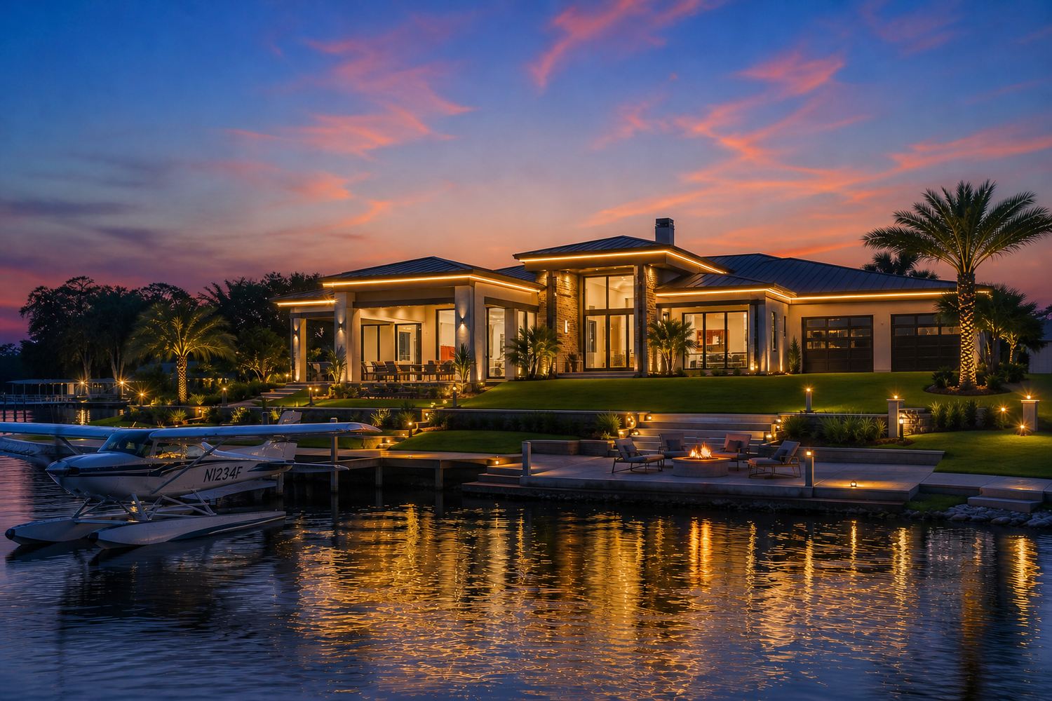 Custom outdoor lighting design in Tavares Florida featuring waterfront home with architectural lighting, landscape lighting, and dockside ambient lighting