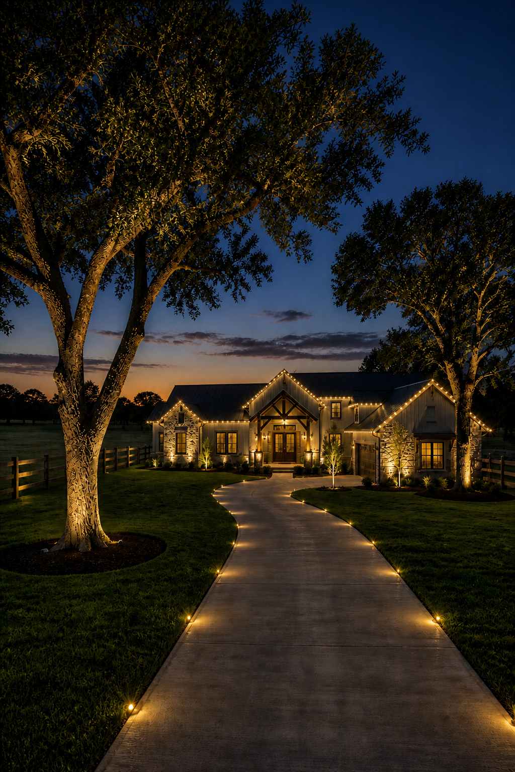 Custom outdoor lighting design in Weirsdale Florida featuring large estate with tree uplighting, pathway lighting, and roofline lighting