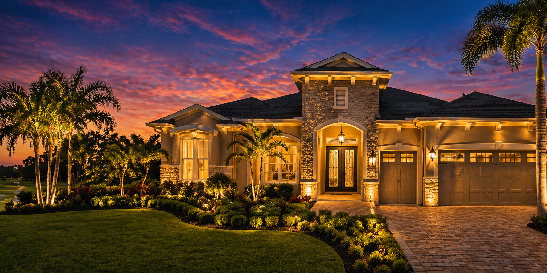 Outdoor lighting design with landscape lighting, pathway lights, and architectural lighting on a residential home in The Villages Florida