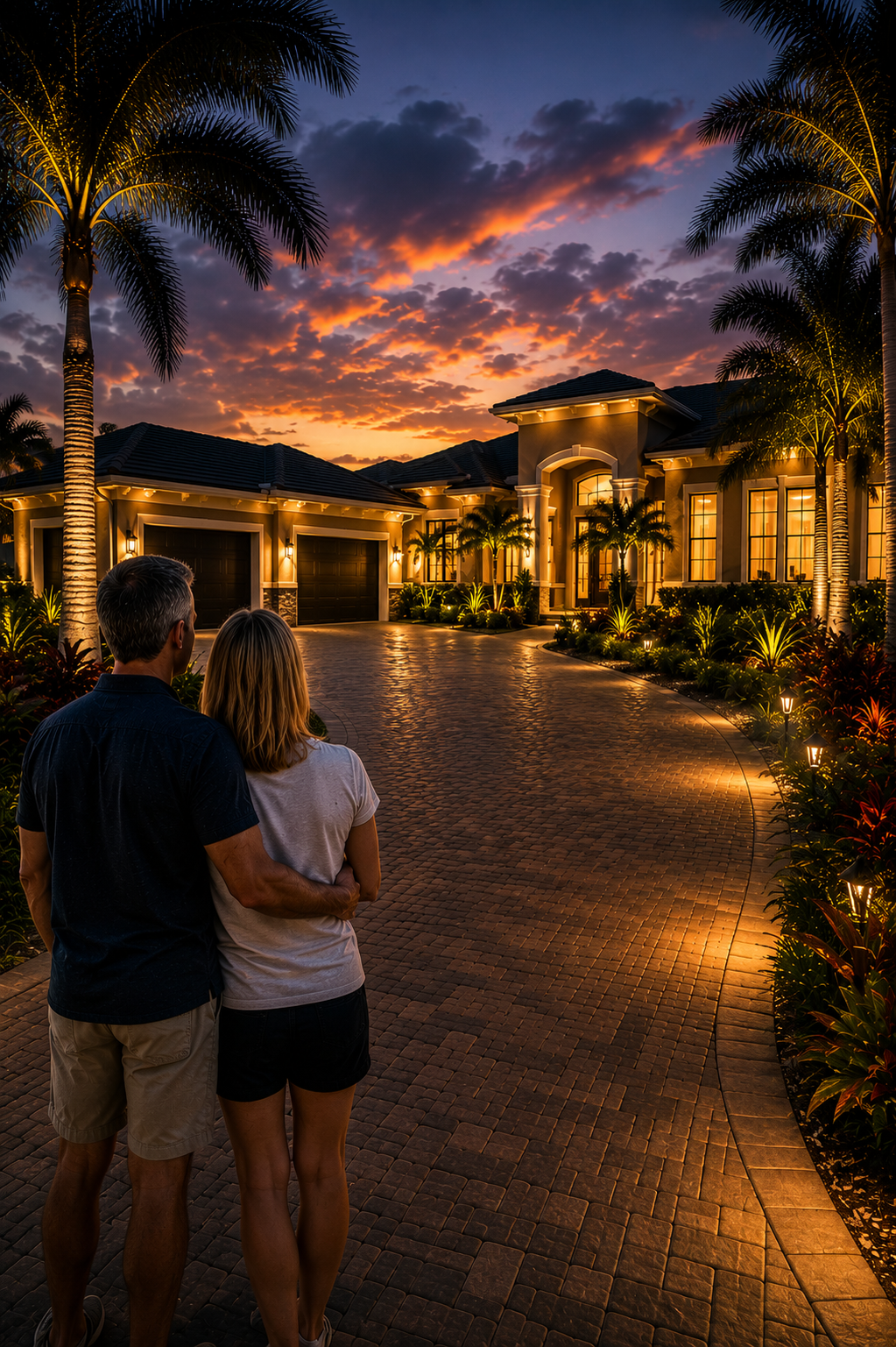 Homeowners enjoying the results of a professionally designed outdoor lighting project with landscape lighting and architectural lighting in The Villages, FL.