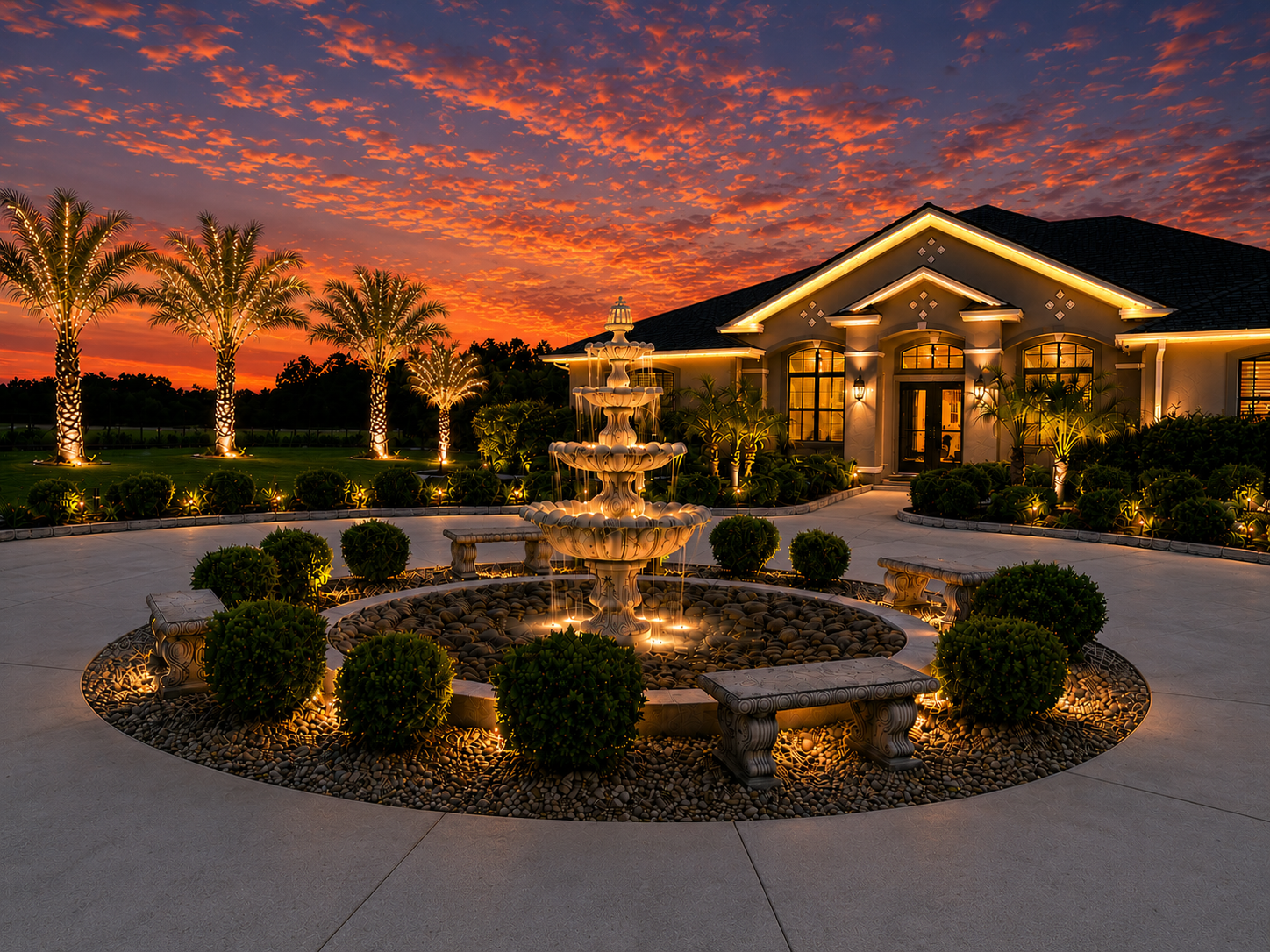 Luxury home featuring professionally designed landscape lighting, architectural lighting, palm tree uplighting, and illuminated fountain in The Villages, Florida.