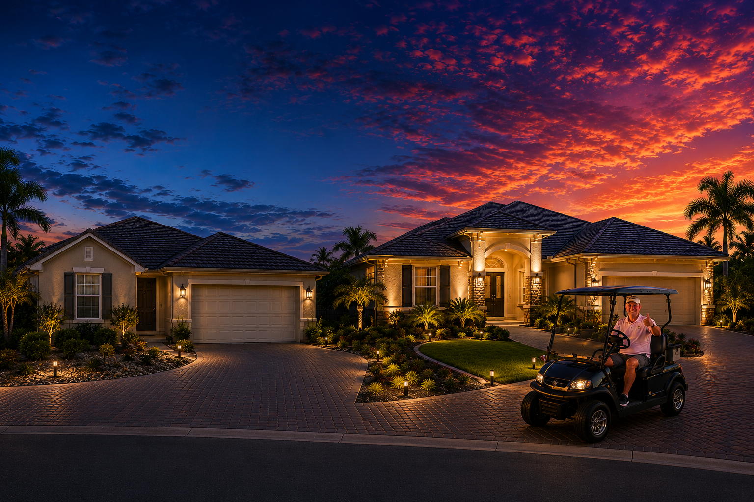 Outdoor lighting financing in The Villages FL featuring a before and after home transformation with professionally installed landscape lighting and architectural lighting by Light Glow Outdoor Lighting Solutions.