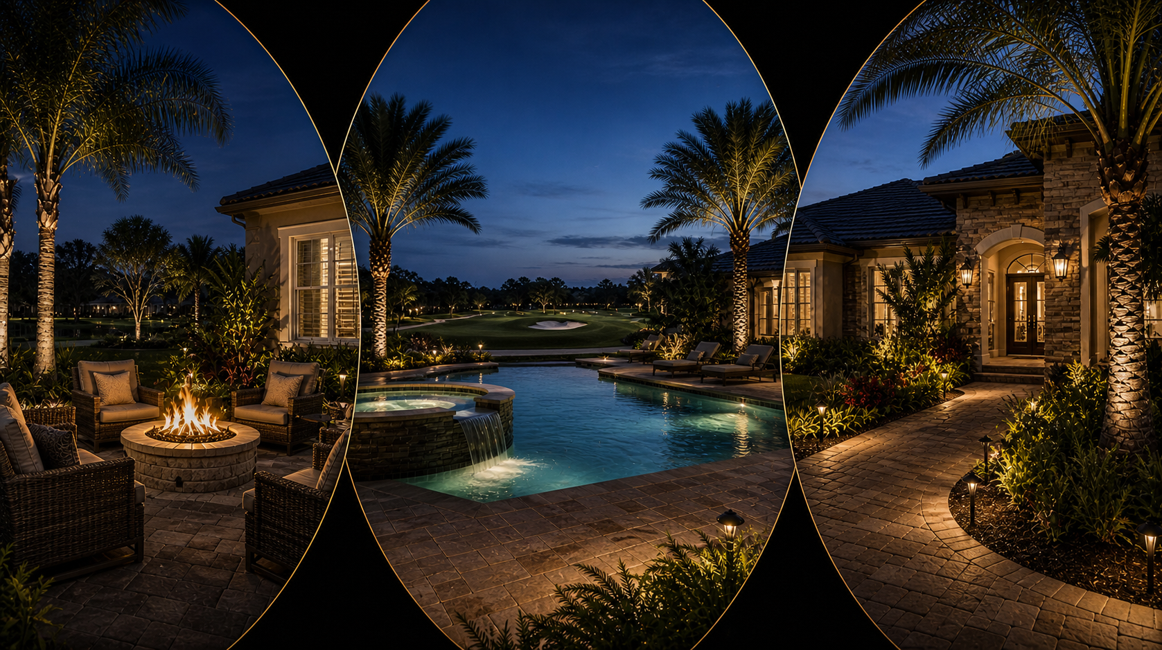 Outdoor lighting gallery in The Villages FL showing roofline lighting, landscape lighting, and pool patio lighting design on luxury homes