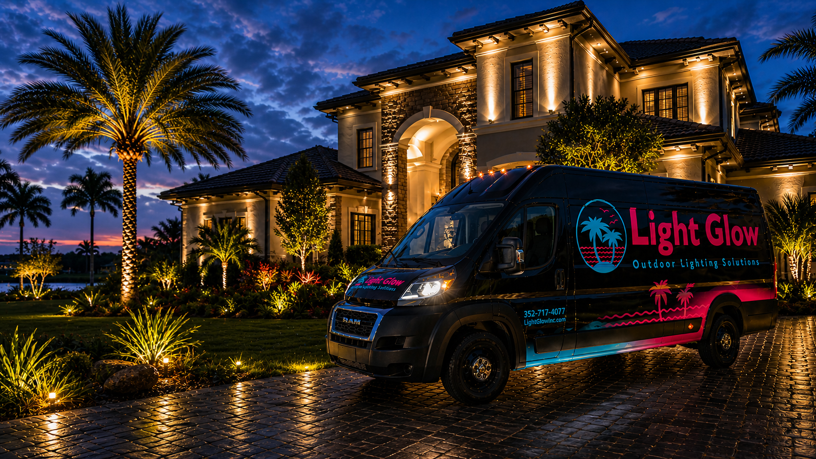 Outdoor lighting installation in The Villages Florida featuring a professionally lit luxury home by Light Glow Outdoor Lighting Solutions