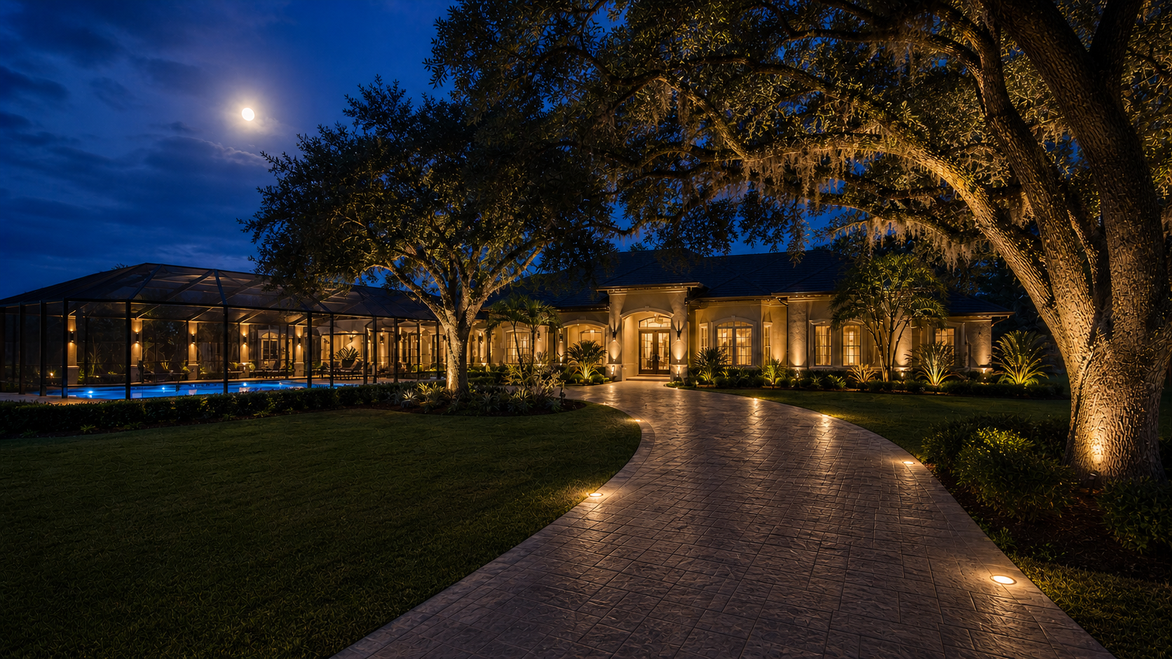 Professional outdoor lighting installation for a luxury home in The Villages, FL featuring landscape lighting, pathway lighting, tree uplighting, and pool cage lighting at night