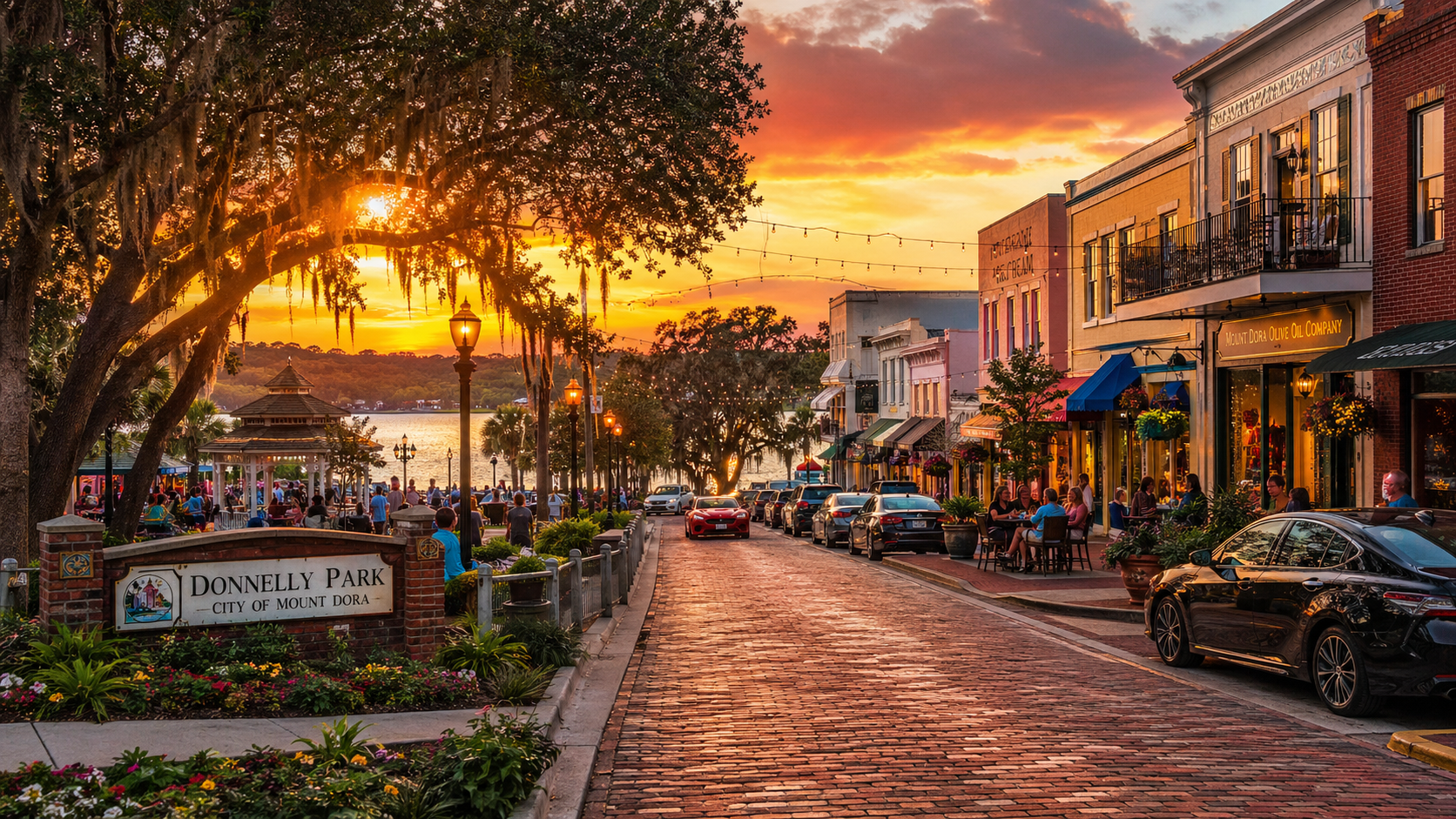 Outdoor lighting in Mount Dora Florida highlights downtown streets, lakefront views, and evening outdoor spaces