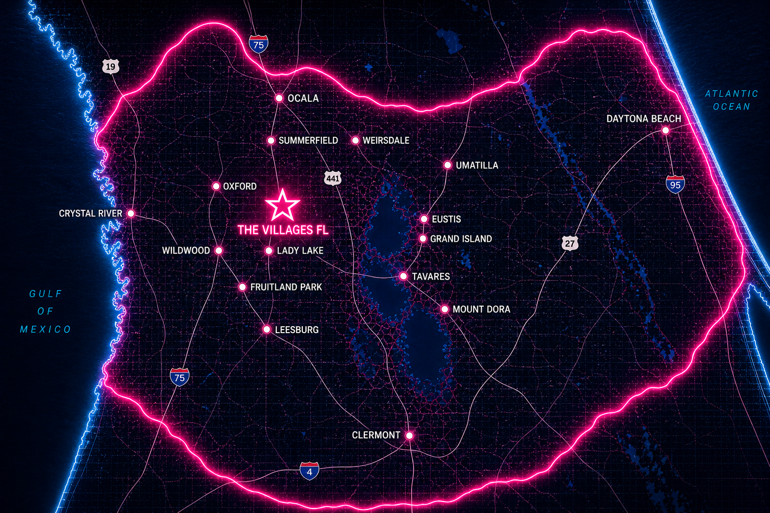 Outdoor lighting service area map for The Villages, FL and surrounding cities including Ocala, Leesburg, Clermont, and Mount Dora