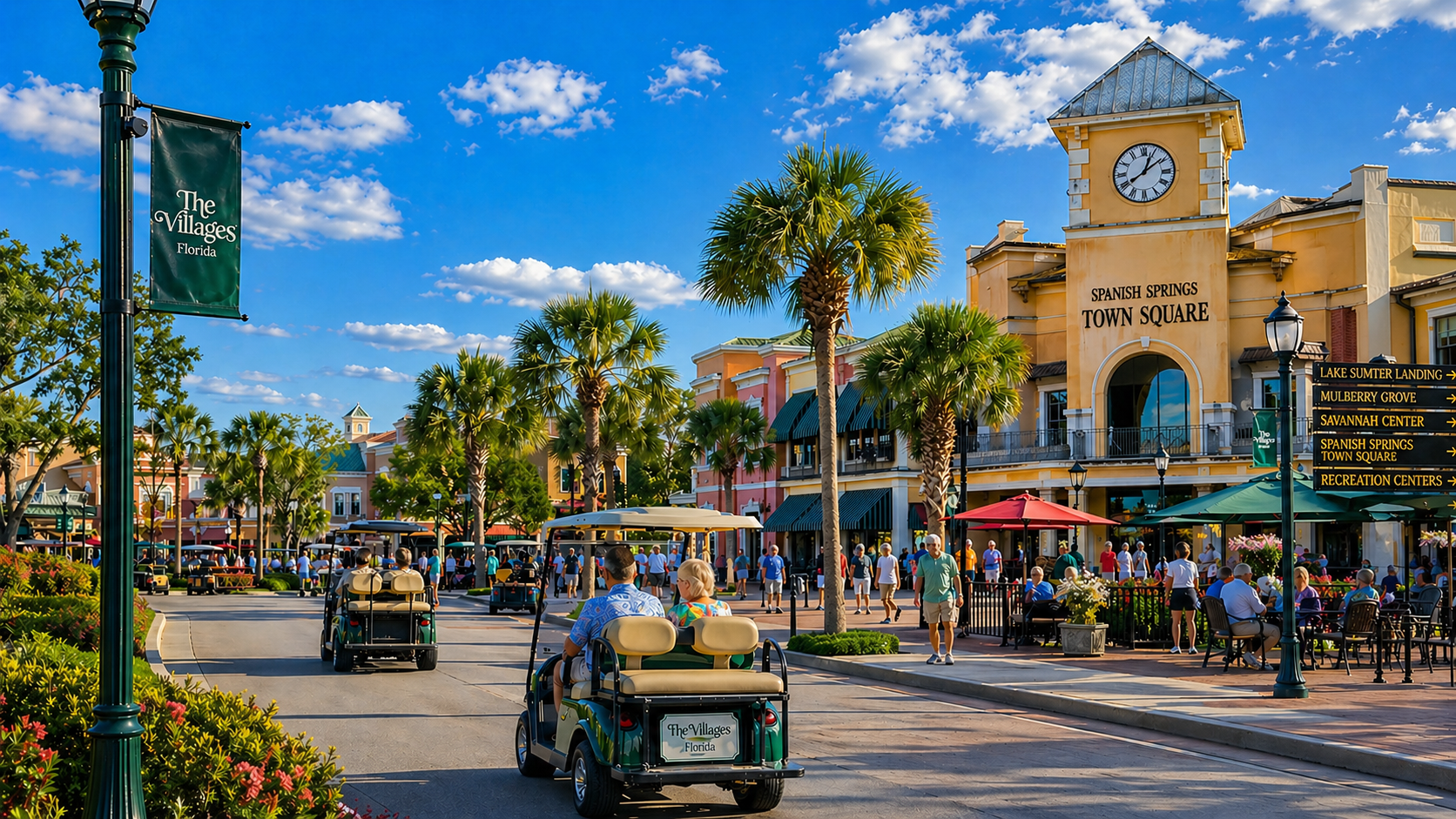 Outdoor lighting in The Villages Florida enhances homes, golf cart paths, and outdoor living spaces near town squares