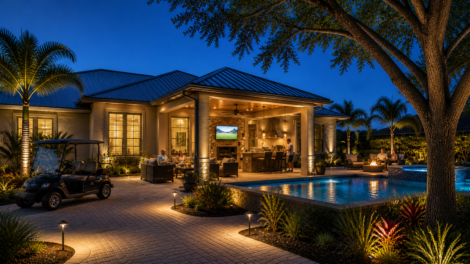 Outdoor living lighting design in The Villages FL featuring pool lighting, patio lighting, landscape lighting, and covered lanai with seating area