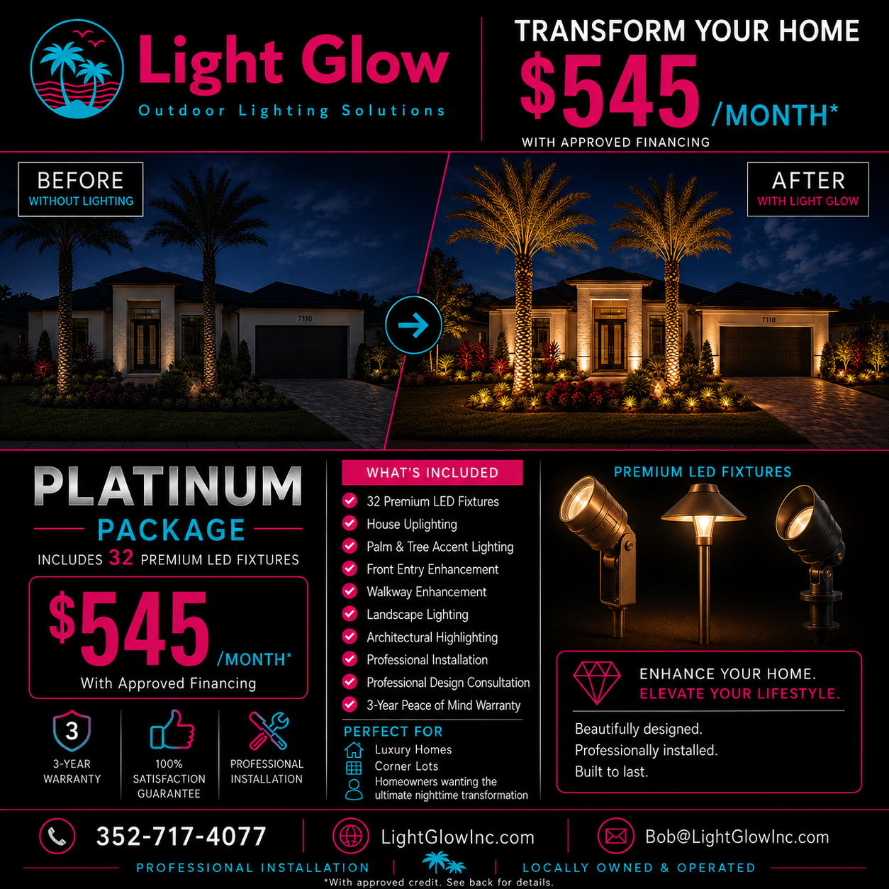 Platinum Landscape Lighting Package featuring 32 premium LED fixtures, architectural house uplighting, palm tree lighting, landscape lighting, and professional installation by Light Glow Outdoor Lighting Solutions in The Villages, Florida.