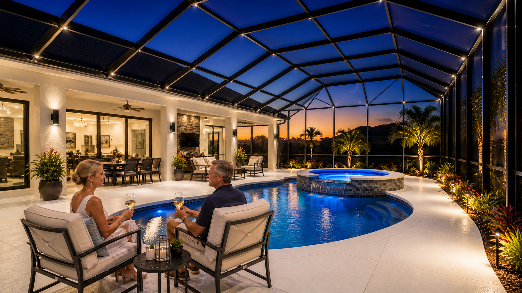 Pool and lanai lighting creating a relaxing outdoor living space at night in The Villages FL with illuminated pool, seating area, and screened enclosure