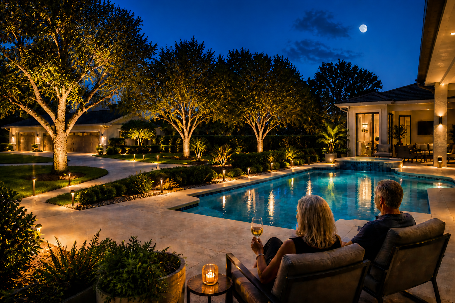 Pool and lanai lighting creating a relaxing outdoor living space at night in The Villages FL with illuminated landscape, pool, and patio seating area